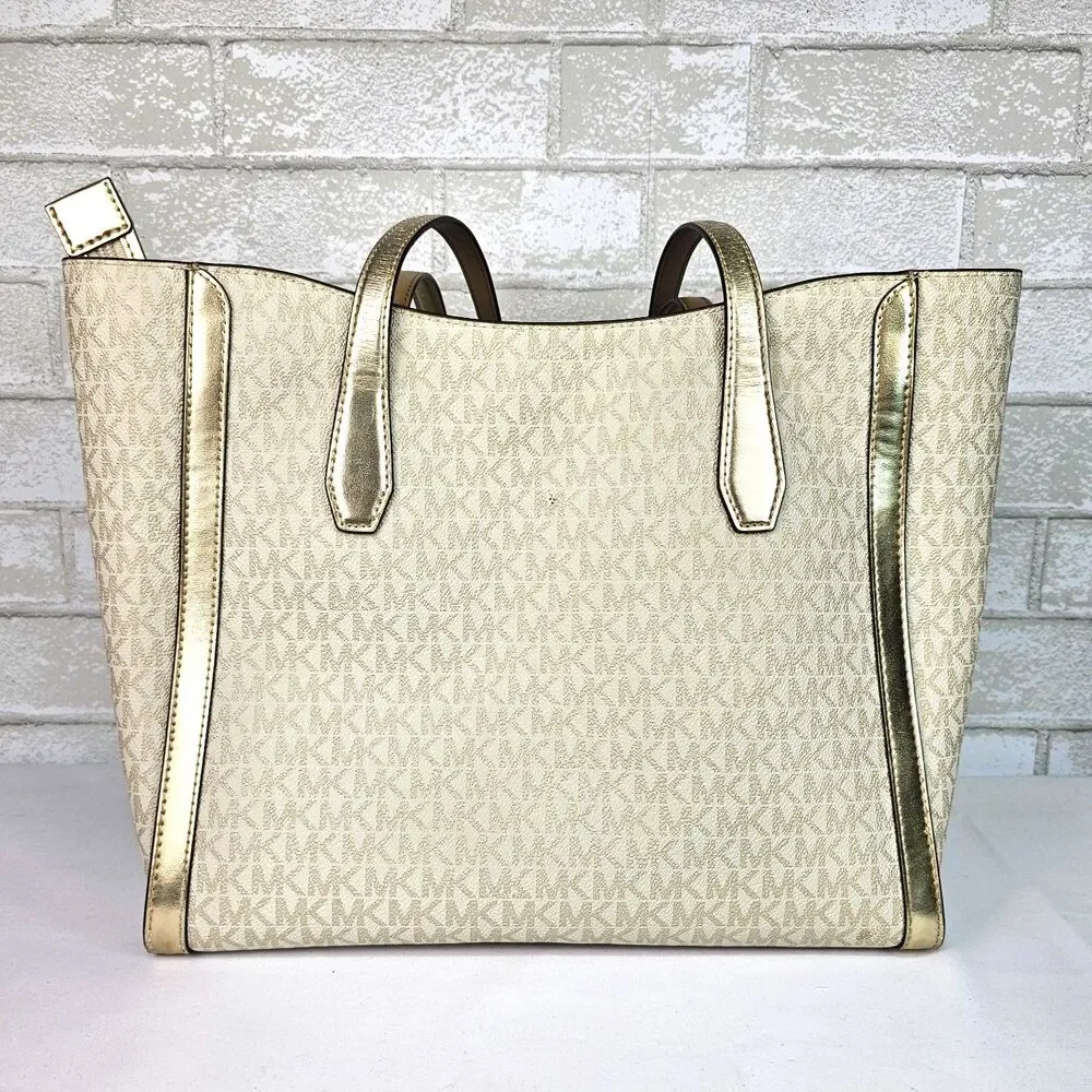 Michael Kors Gold Vanilla MK Signature Tote Shoulder Bag Large Shopper